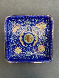 A Chinese Canton enamel mustard jar and square dish, Qianlong/Jiaqing
