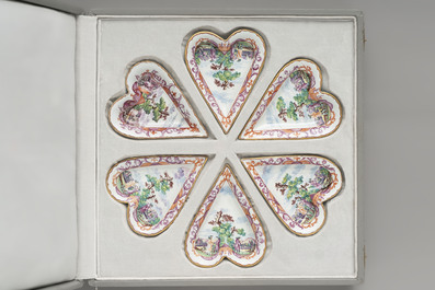 A rare polychrome Dutch Delft petit feu six-piece sweetmeat set, 18th C.