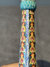 A pair of Chinese Canton enamel 'lotus' candlesticks, Yongzheng