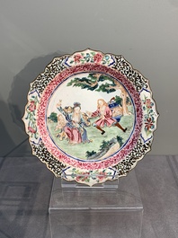 A Chinese Canton enamel 'foreigners' bowl and cover and an 'erotical subject' plate, Yongzheng/Qianlong