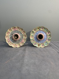 A pair of Chinese Canton enamel marriage bowls on stems, Yongzheng