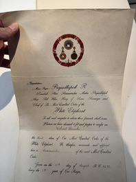 A bilingual Royal Thai Order of the 'White Elephant Award', signed by King Prajadhipok (Rama VII), dated 1929