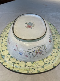 A large Chinese Canton enamel basin with garlands decorated with male heads, Qianlong