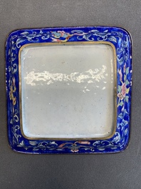 A Chinese Canton enamel mustard jar and square dish, Qianlong/Jiaqing