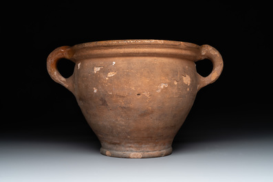 Nine pottery cooking vessels with partial glazing, Low Countries, 14/17th C.
