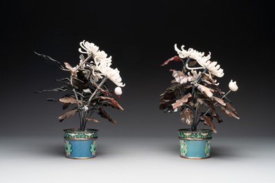 A pair of Chinese cloisonn&eacute; 'peonies' vases and a pair of jardini&egrave;res with precious stone chrysanthemums, 20th C.