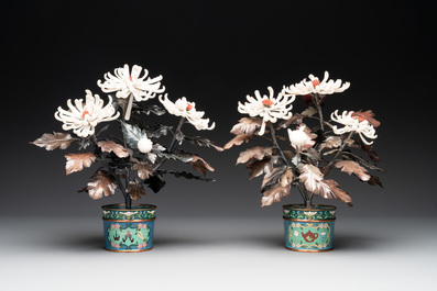 A pair of Chinese cloisonn&eacute; 'peonies' vases and a pair of jardini&egrave;res with precious stone chrysanthemums, 20th C.