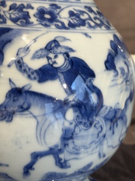 A Chinese silver-mounted blue and white 'Mongolian hunt' ewer, Transitional period