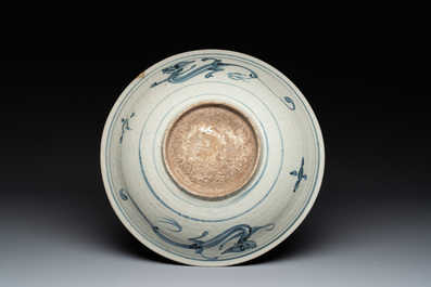 A Chinese Swatow blue and white 'qilin' dish, Ming