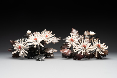 A pair of Chinese cloisonn&eacute; 'peonies' vases and a pair of jardini&egrave;res with precious stone chrysanthemums, 20th C.