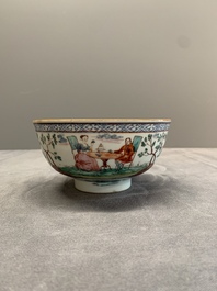 Two Dutch-decorated Chinese blue and white bowls with figures and landscapes, Qianlong