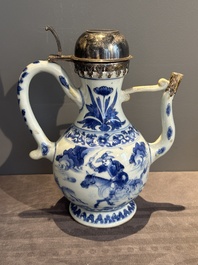 A Chinese silver-mounted blue and white 'Mongolian hunt' ewer, Transitional period