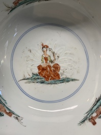 Two Dutch-decorated Chinese blue and white bowls with figures and landscapes, Qianlong