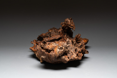 A Chinese carved wooden group and a natural root sculpture, 20th C.