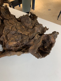 A Chinese carved wooden group and a natural root sculpture, 20th C.
