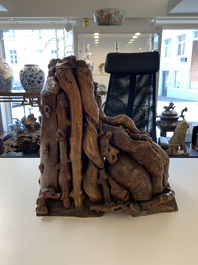 A Chinese carved wooden group and a natural root sculpture, 20th C.