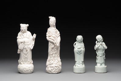 A pair of Chinese white-glazed figures and two Dehua blanc de Chine figures, Dehua 德化 and Xuande mark, 18th C. and later