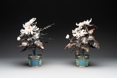 A pair of Chinese cloisonn&eacute; 'peonies' vases and a pair of jardini&egrave;res with precious stone chrysanthemums, 20th C.
