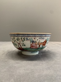Two Dutch-decorated Chinese blue and white bowls with figures and landscapes, Qianlong