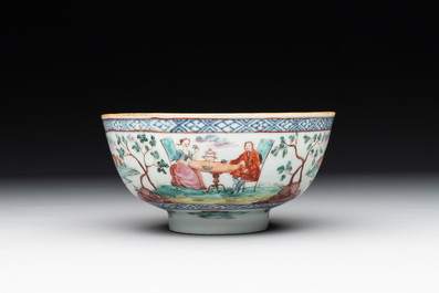 Two Dutch-decorated Chinese blue and white bowls with figures and landscapes, Qianlong