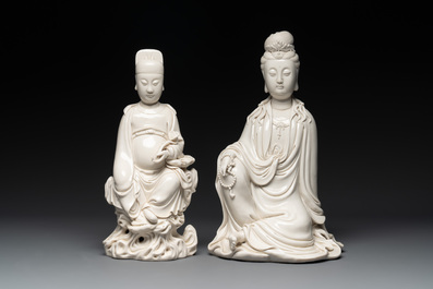 Three Chinese Dehua blanc de Chine figures of Guanyin and Wenchang, He Chaozong 何朝宗 and Dehua 德化 marks, 20th C.
