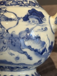 A Chinese silver-mounted blue and white 'Mongolian hunt' ewer, Transitional period