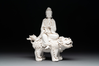Three Chinese Dehua blanc de Chine figures of Guanyin and Wenchang, He Chaozong 何朝宗 and Dehua 德化 marks, 20th C.