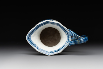 A pair of Chinese blue and white handled cups and saucers and a milk jug, Qianlong/Jiaqing