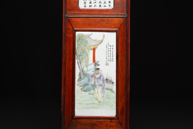 A Chinese carved wooden panel with famille rose plaques in the style of Wang Qi 王琦, dated 1932