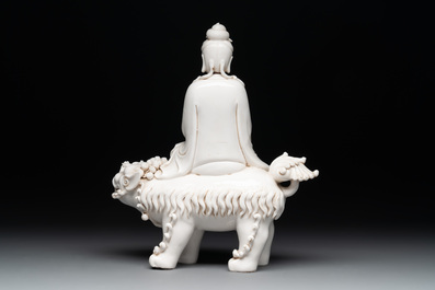 Three Chinese Dehua blanc de Chine figures of Guanyin and Wenchang, He Chaozong 何朝宗 and Dehua 德化 marks, 20th C.