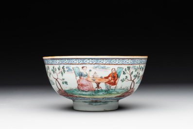 Two Dutch-decorated Chinese blue and white bowls with figures and landscapes, Qianlong