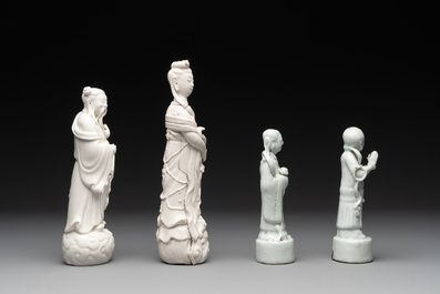 A pair of Chinese white-glazed figures and two Dehua blanc de Chine figures, Dehua 德化 and Xuande mark, 18th C. and later