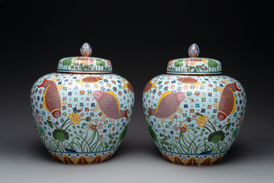 A pair of Chinese cloisonn&eacute; 'carps' vases and covers, Republic
