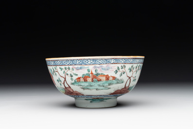 Two Dutch-decorated Chinese blue and white bowls with figures and landscapes, Qianlong