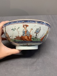 Two Dutch-decorated Chinese blue and white bowls with figures and landscapes, Qianlong