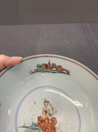 Two Dutch-decorated Chinese blue and white bowls with figures and landscapes, Qianlong