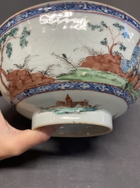 Two Dutch-decorated Chinese blue and white bowls with figures and landscapes, Qianlong