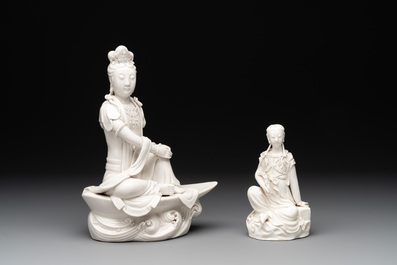 Two Chinese Dehua blanc de Chine figures of Guanyin, Xuande mark, 19/20th C.
