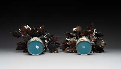 A pair of Chinese cloisonn&eacute; 'peonies' vases and a pair of jardini&egrave;res with precious stone chrysanthemums, 20th C.