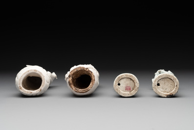 A pair of Chinese white-glazed figures and two Dehua blanc de Chine figures, Dehua 德化 and Xuande mark, 18th C. and later