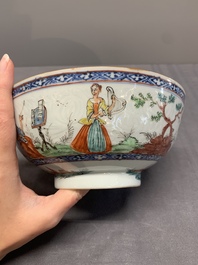 Two Dutch-decorated Chinese blue and white bowls with figures and landscapes, Qianlong
