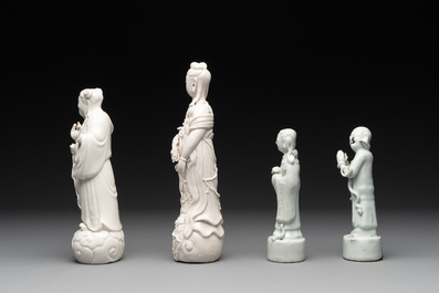 A pair of Chinese white-glazed figures and two Dehua blanc de Chine figures, Dehua 德化 and Xuande mark, 18th C. and later