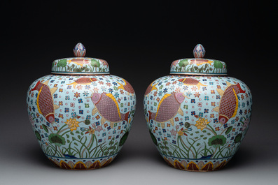 A pair of Chinese cloisonn&eacute; 'carps' vases and covers, Republic