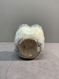 A Chinese blue and white 'double mandarin duck' ewer or water dropper on wooden stand, Ming, ca. 1500