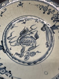 A Chinese Swatow blue and white 'qilin' dish, Ming
