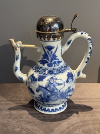 A Chinese silver-mounted blue and white 'Mongolian hunt' ewer, Transitional period