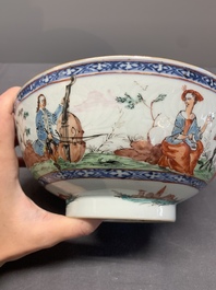 Two Dutch-decorated Chinese blue and white bowls with figures and landscapes, Qianlong