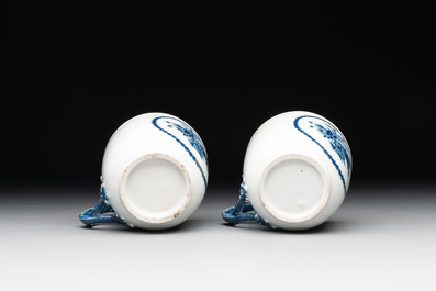 A pair of Chinese blue and white handled cups and saucers and a milk jug, Qianlong/Jiaqing