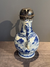 A Chinese silver-mounted blue and white 'Mongolian hunt' ewer, Transitional period