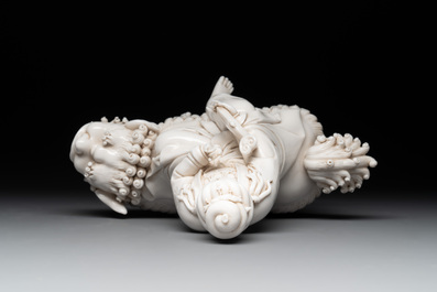 Three Chinese Dehua blanc de Chine figures of Guanyin and Wenchang, He Chaozong 何朝宗 and Dehua 德化 marks, 20th C.